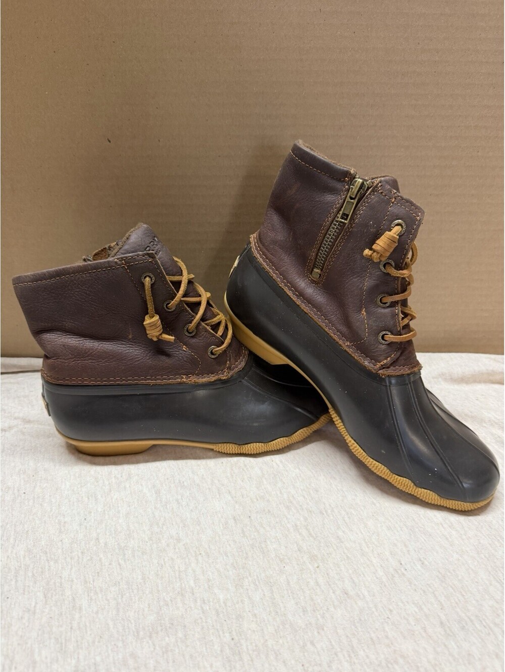 Sperry Duck Boots Womens 8 Brown Leather Rubber Rain Snow Boots Side Zip